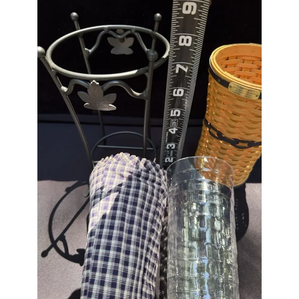 Longaberger CC J.W. Mini Umbrella Basket w Prot Liner Wrought Iron Stand Mint!